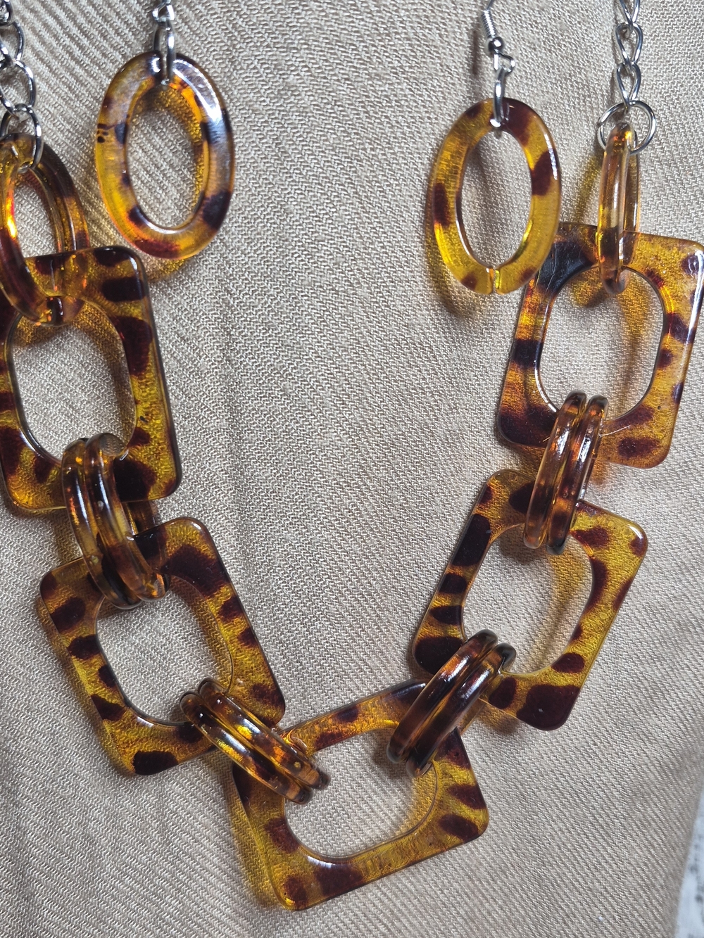 Tortoiseshell Chunky Acrylic Link Statement Necklace & Earrings Set